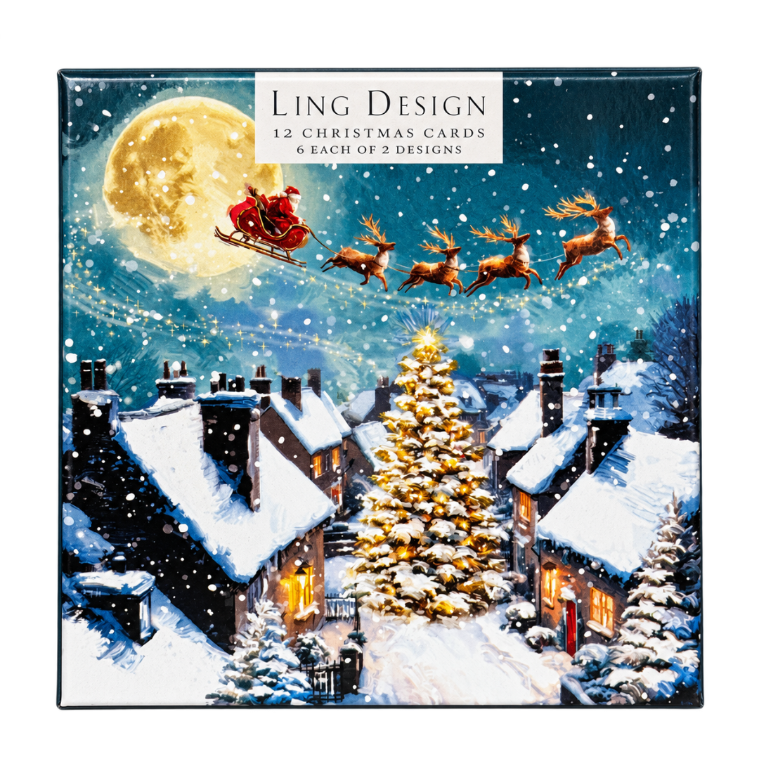 Santa?s in Town Deluxe Christmas & New Year Cards Box Set, 12 Pack, 135 x 135mm, Gloss Finish Premium Board