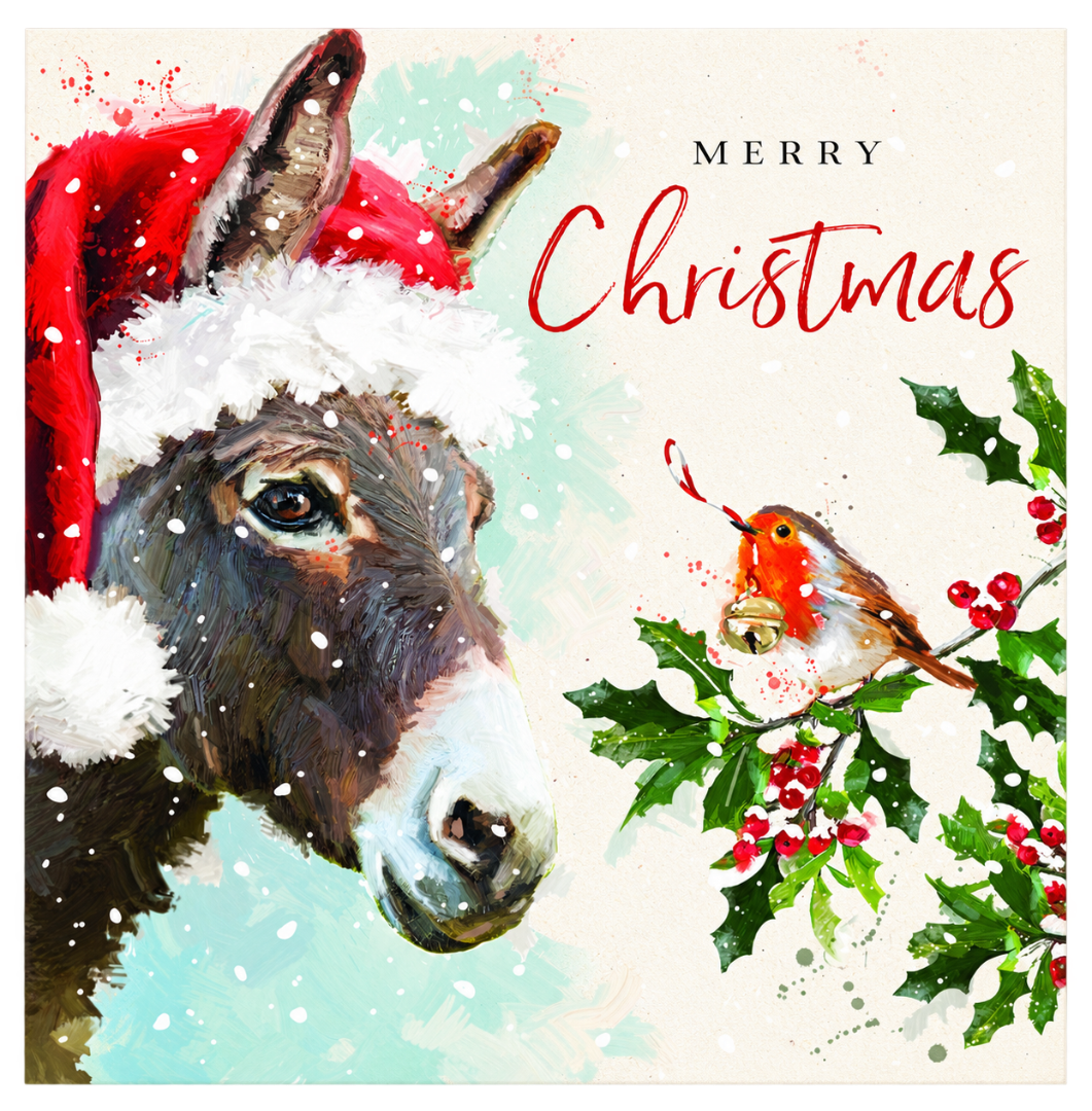 Festive Donkey, Robin & Sheep Deluxe Box of 12 Christmas & New Year Cards, Gloss Finish Premium Board by Ling Design