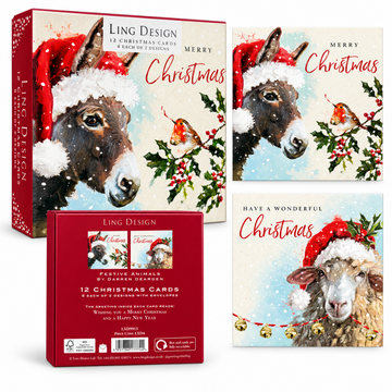 Festive Donkey, Robin & Sheep Deluxe Box of 12 Christmas & New Year Cards, Gloss Finish Premium Board by Ling Design