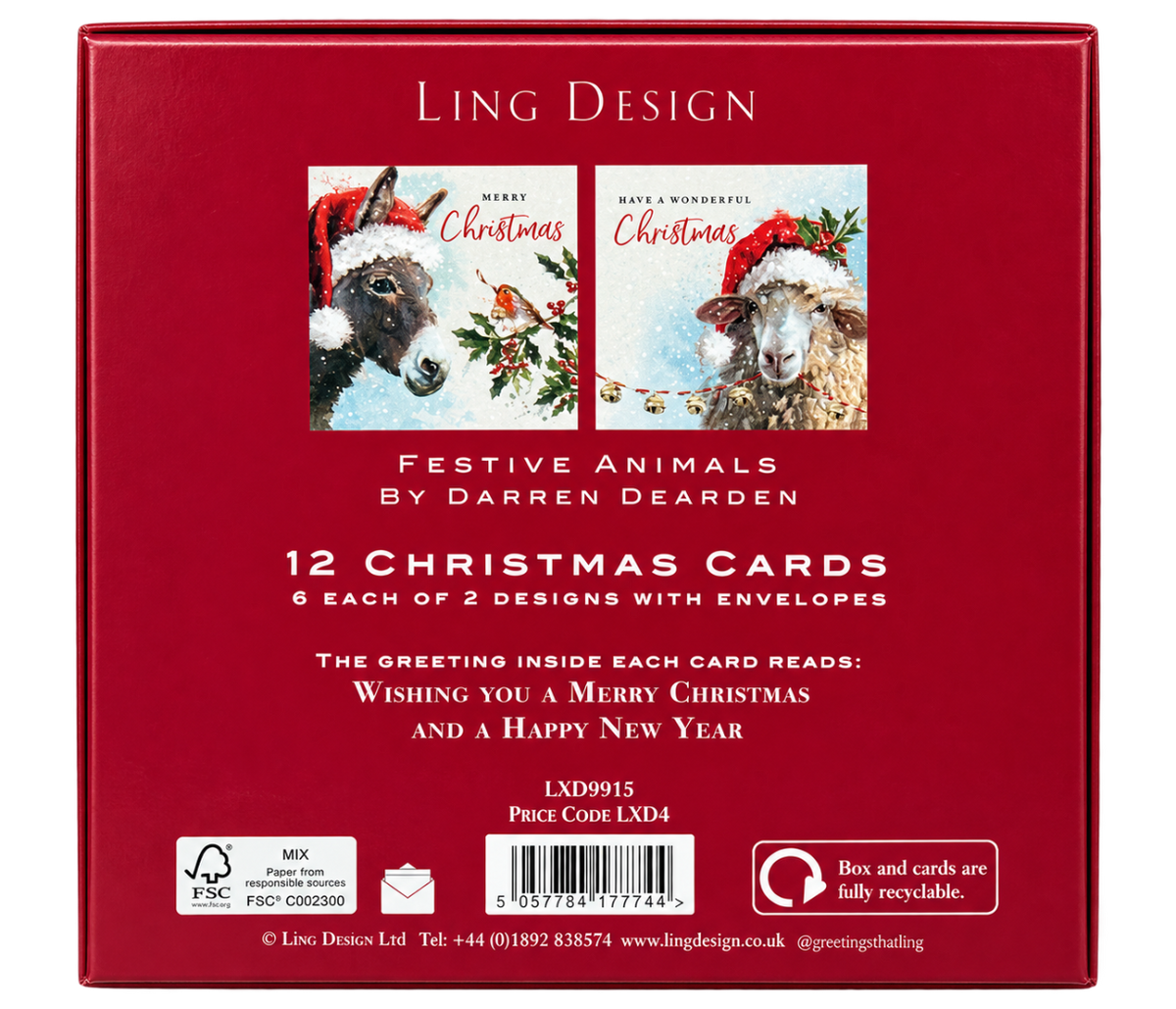 Festive Donkey, Robin & Sheep Deluxe Box of 12 Christmas & New Year Cards, Gloss Finish Premium Board by Ling Design