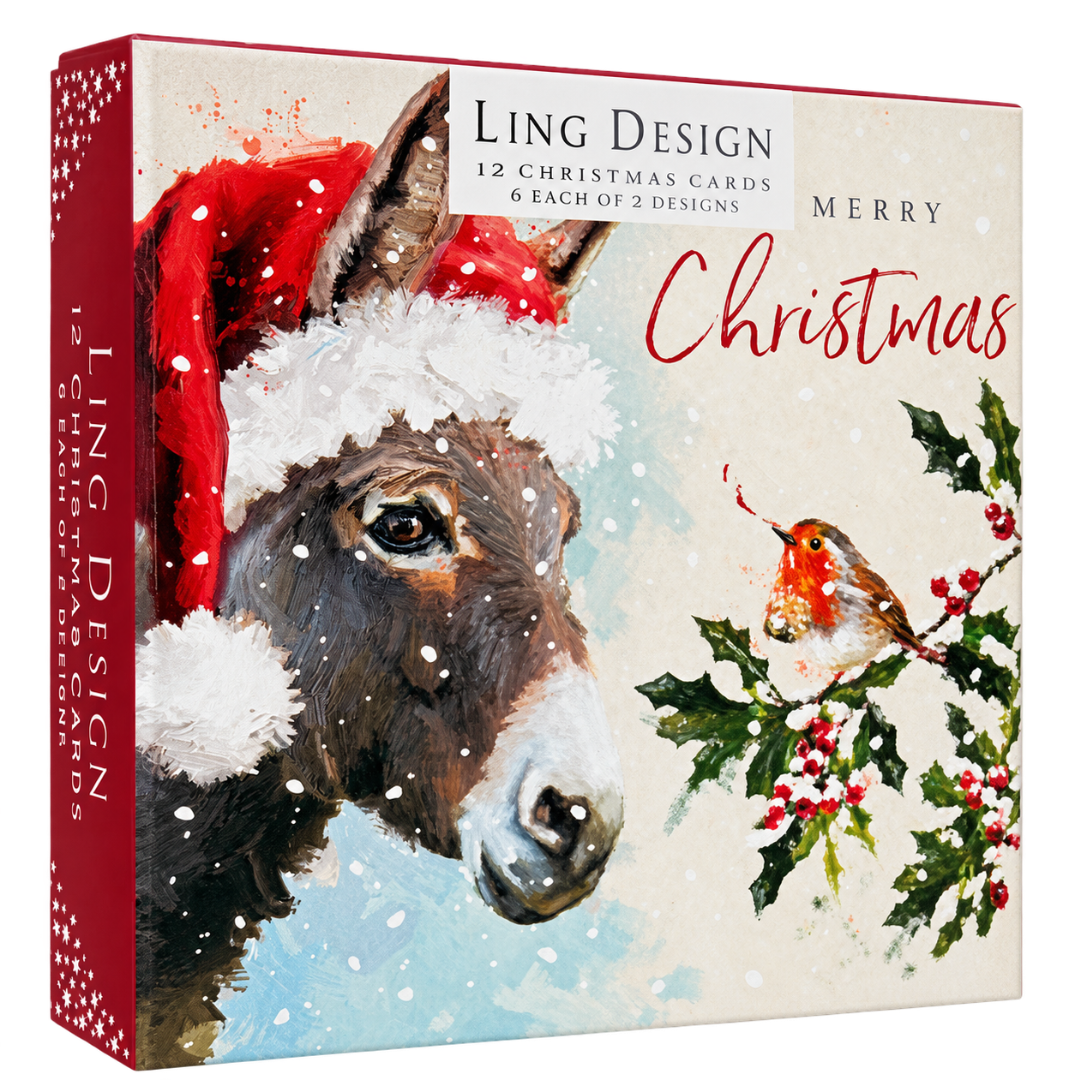 Festive Donkey, Robin & Sheep Deluxe Box of 12 Christmas & New Year Cards, Gloss Finish Premium Board by Ling Design