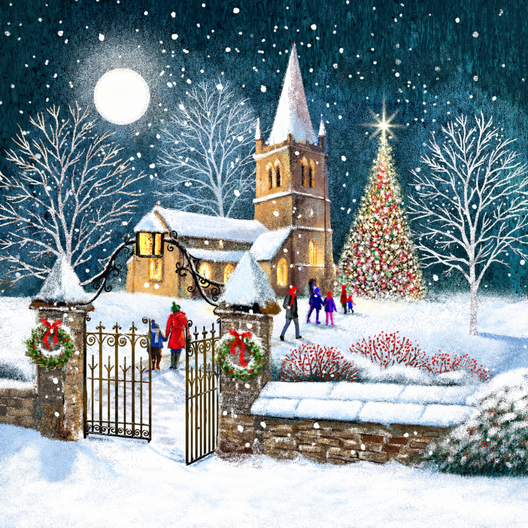 Journey to Church Deluxe Religious Art Christmas & New Year Cards, Box of 12, Gloss Finish Premium Board by Ling Design