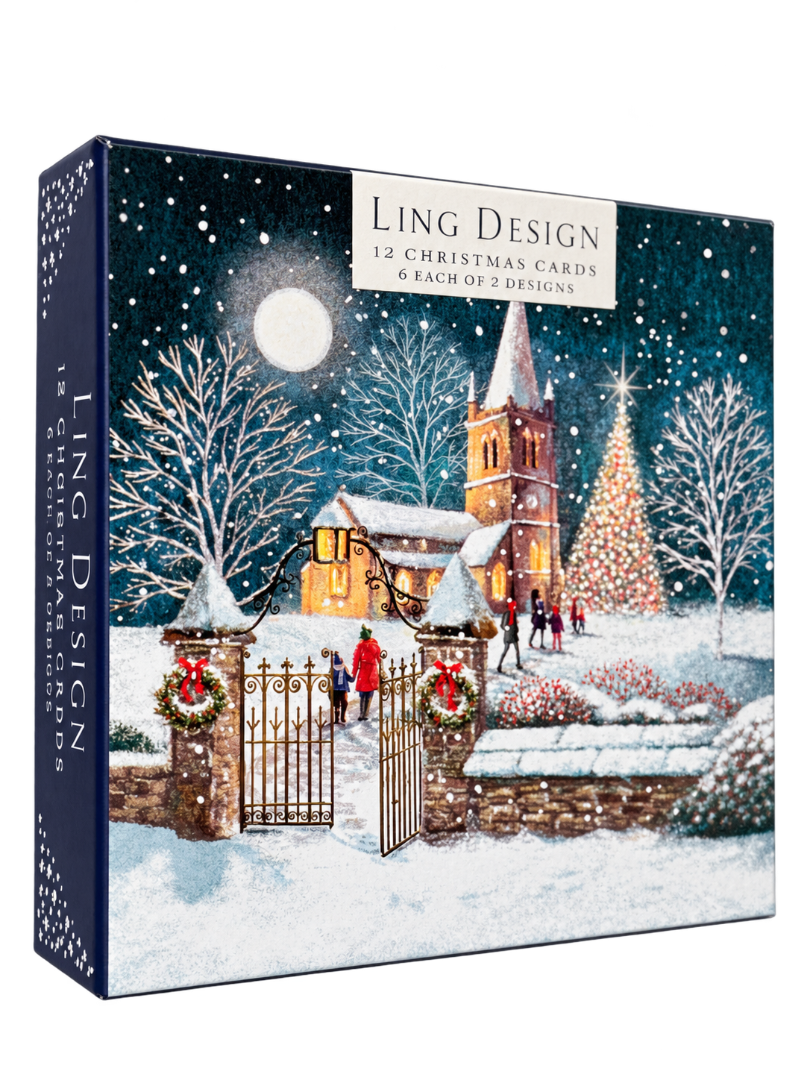 Journey to Church Deluxe Religious Art Christmas & New Year Cards, Box of 12, Gloss Finish Premium Board by Ling Design