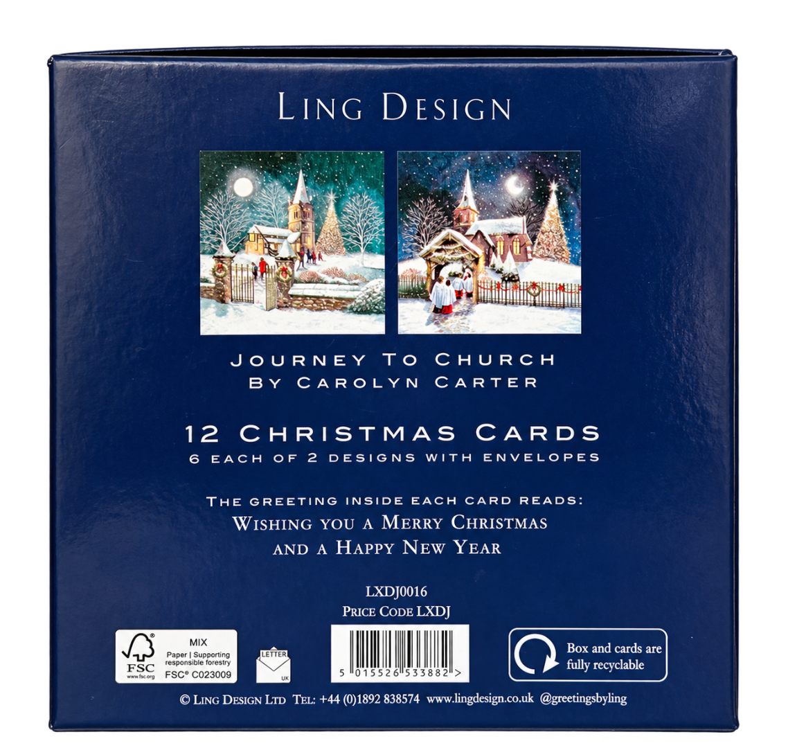 Journey to Church Deluxe Religious Art Christmas & New Year Cards, Box of 12, Gloss Finish Premium Board by Ling Design