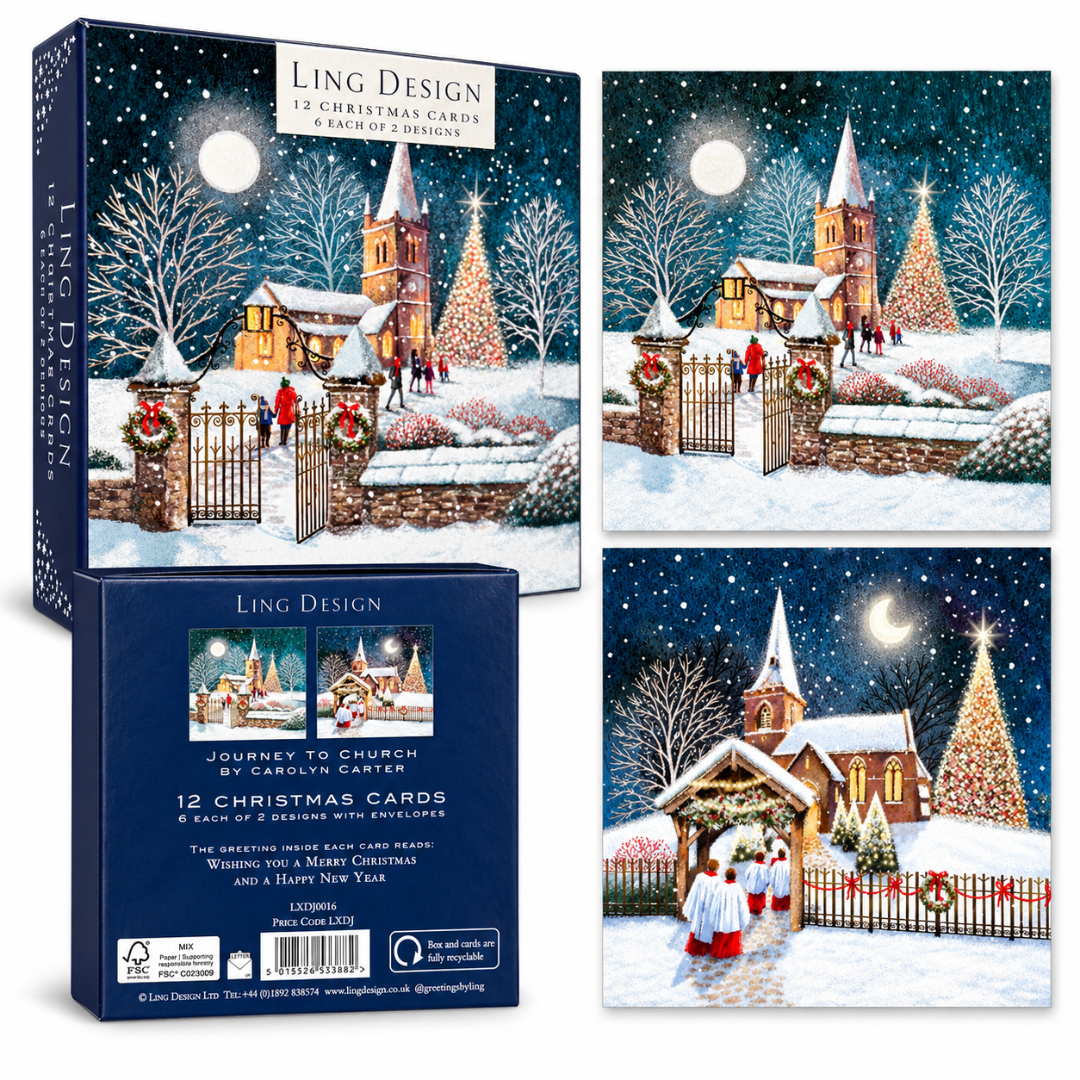Journey to Church Deluxe Religious Art Christmas & New Year Cards, Box of 12, Gloss Finish Premium Board by Ling Design