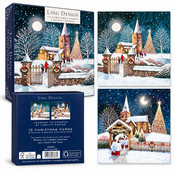 Journey to Church Deluxe Religious Art Christmas & New Year Cards, Box of 12, Gloss Finish Premium Board by Ling Design