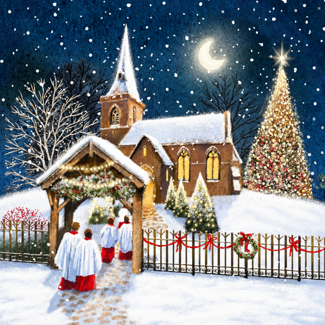 Journey to Church Deluxe Religious Art Christmas & New Year Cards, Box of 12, Gloss Finish Premium Board by Ling Design
