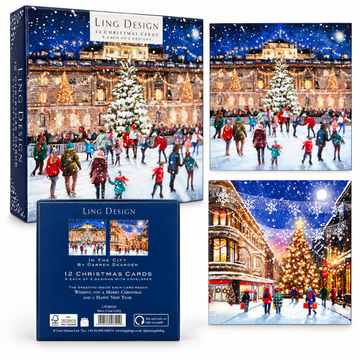 Ling Design City on Ice Festive Christmas & New Year Cards, Deluxe Box of 12, Gloss Finish Premium Board