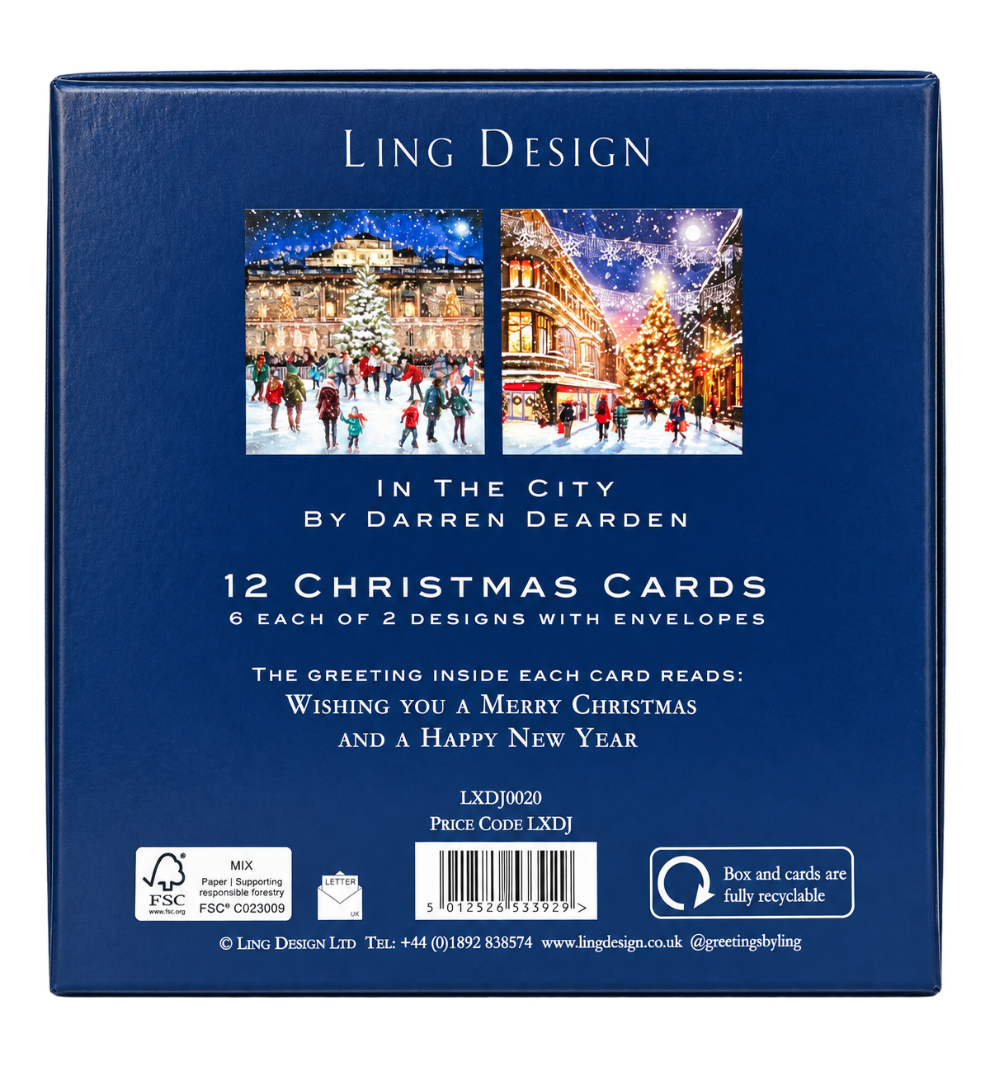 Ling Design City on Ice Festive Christmas & New Year Cards, Deluxe Box of 12, Gloss Finish Premium Board
