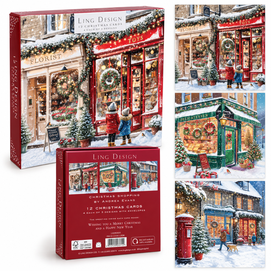 Large Deluxe Box of 12 Christmas & New Year Cards ? 3 Festive Designs for Xmas Shopping