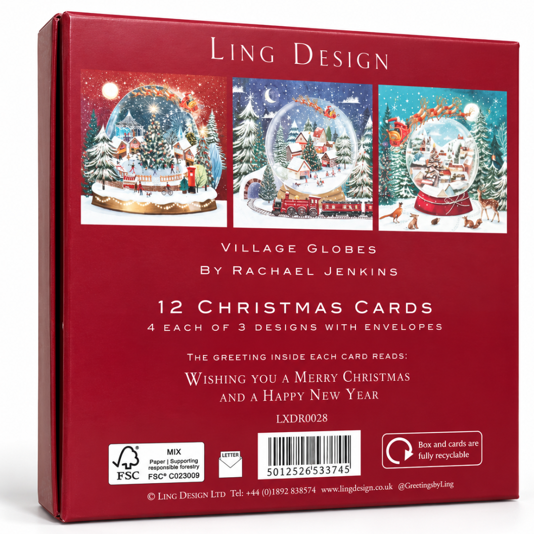 Village Globes Festive Art Deluxe Christmas & New Year Cards, Large Box of 12, 3 Assorted Designs