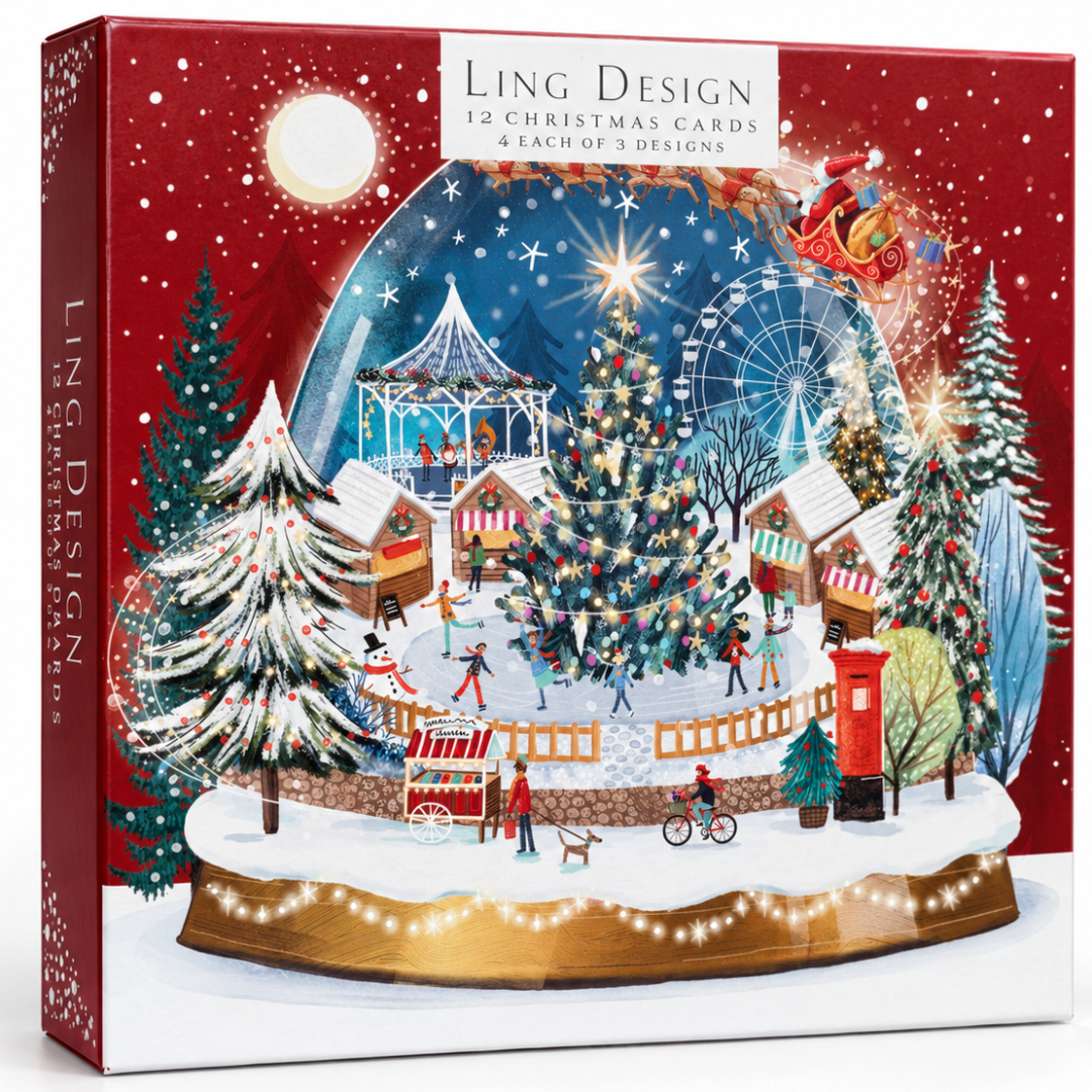 Village Globes Festive Art Deluxe Christmas & New Year Cards, Large Box of 12, 3 Assorted Designs