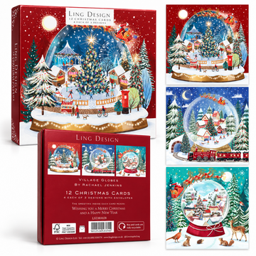 Village Globes Festive Art Deluxe Christmas & New Year Cards, Large Box of 12, 3 Assorted Designs