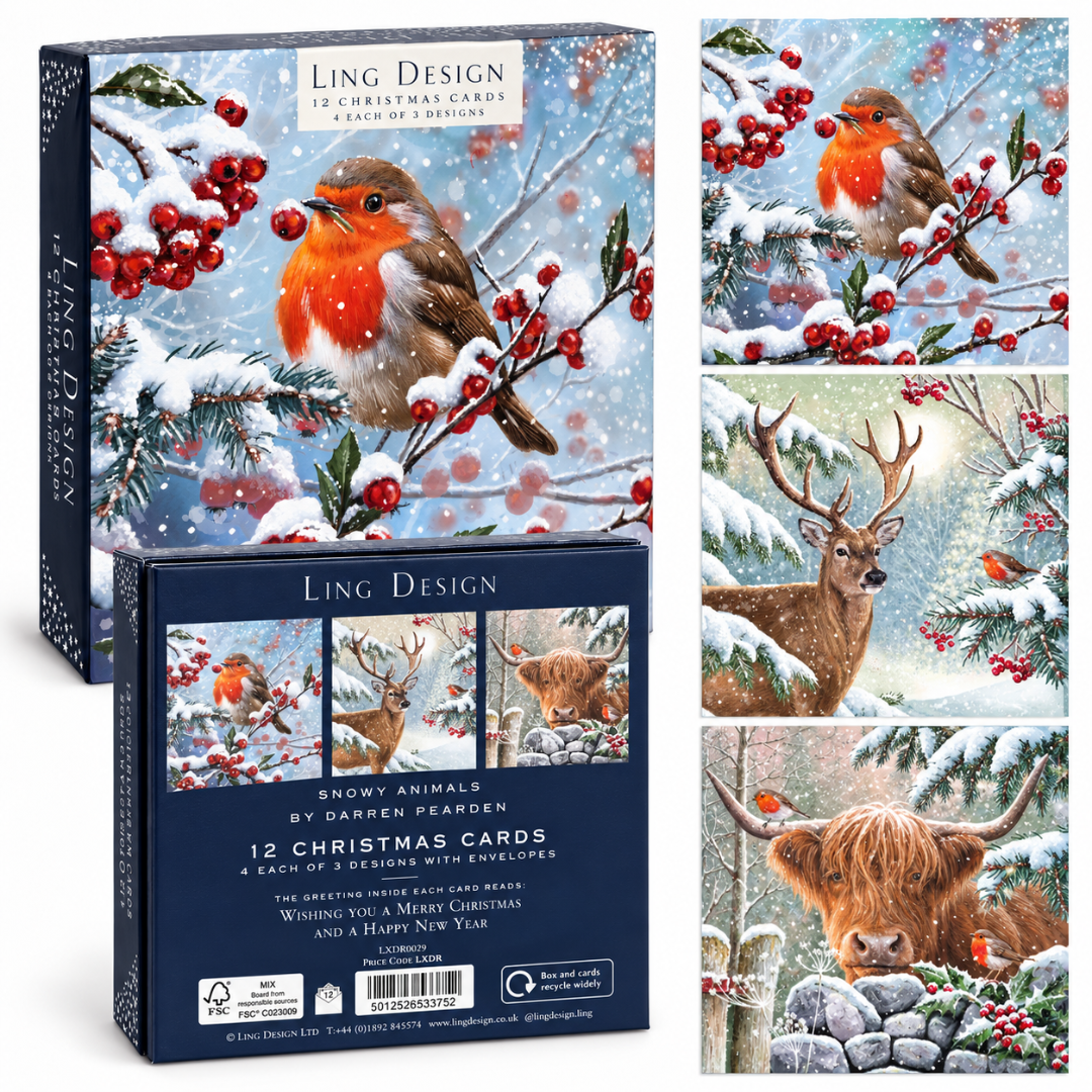 Snowy Animals Festive Christmas & New Year Cards ? Deluxe Large Box of 12, 3 Designs