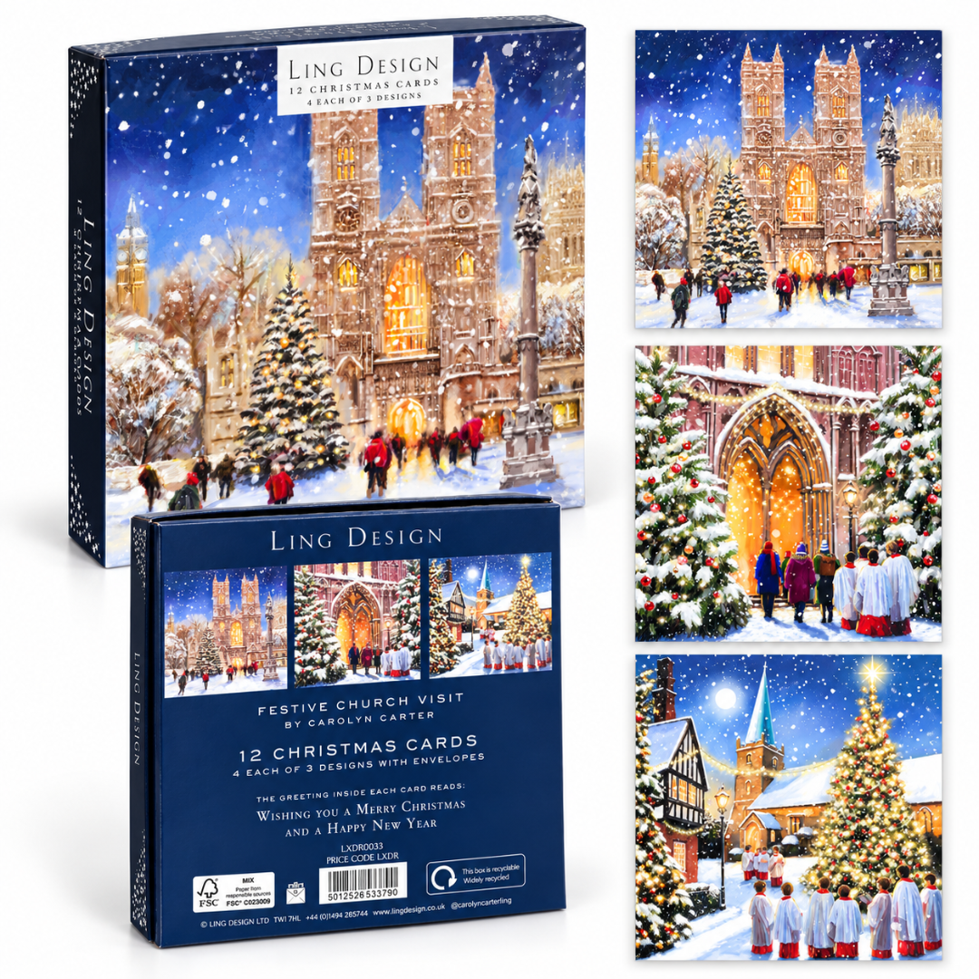 Festive Church Visit Deluxe Christmas & New Year Cards Box Set ? 12 Large Cards, 3 Assorted Designs