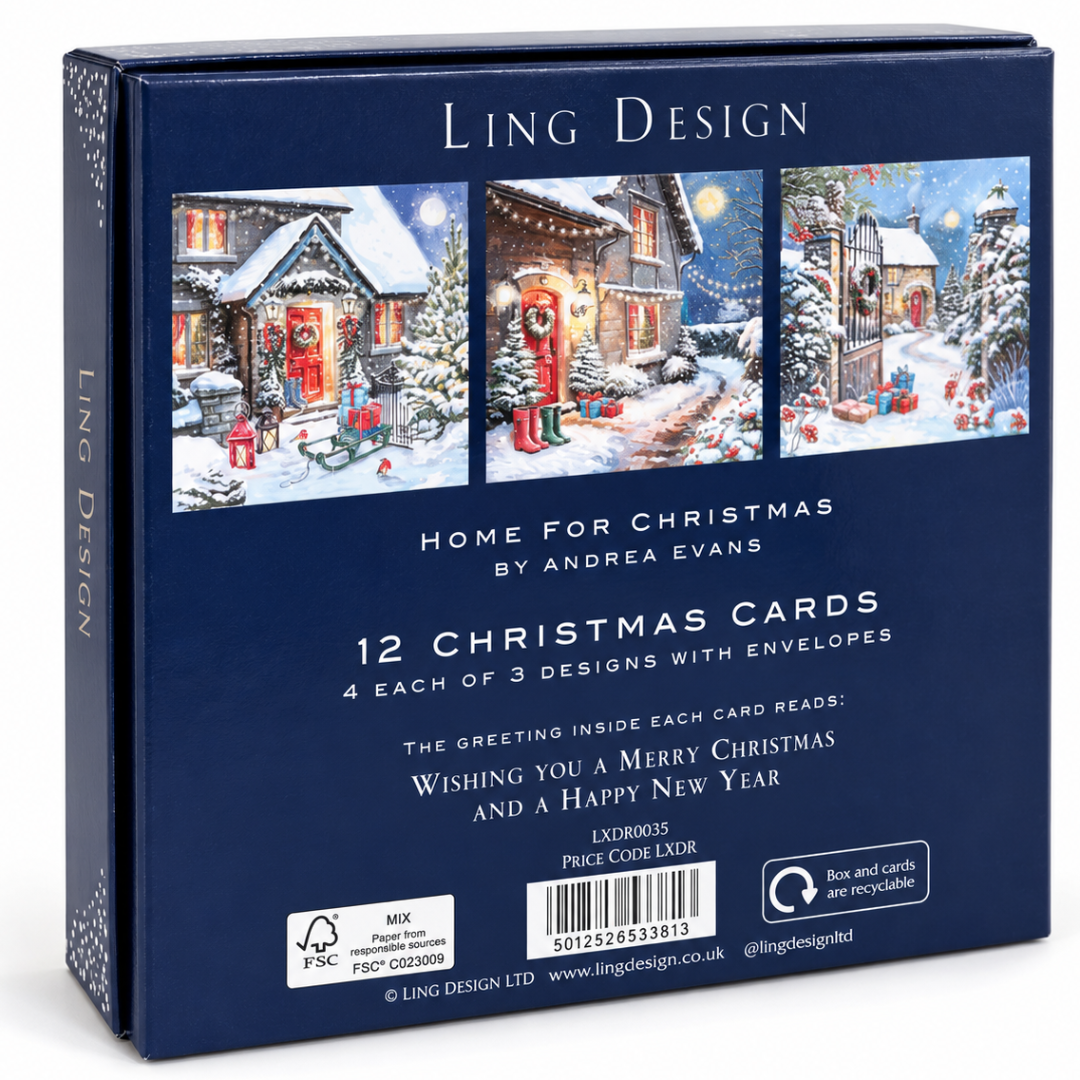Home for Xmas Festive Art Deluxe Christmas & New Year Cards Box Set, 12 Pack, 3 Designs