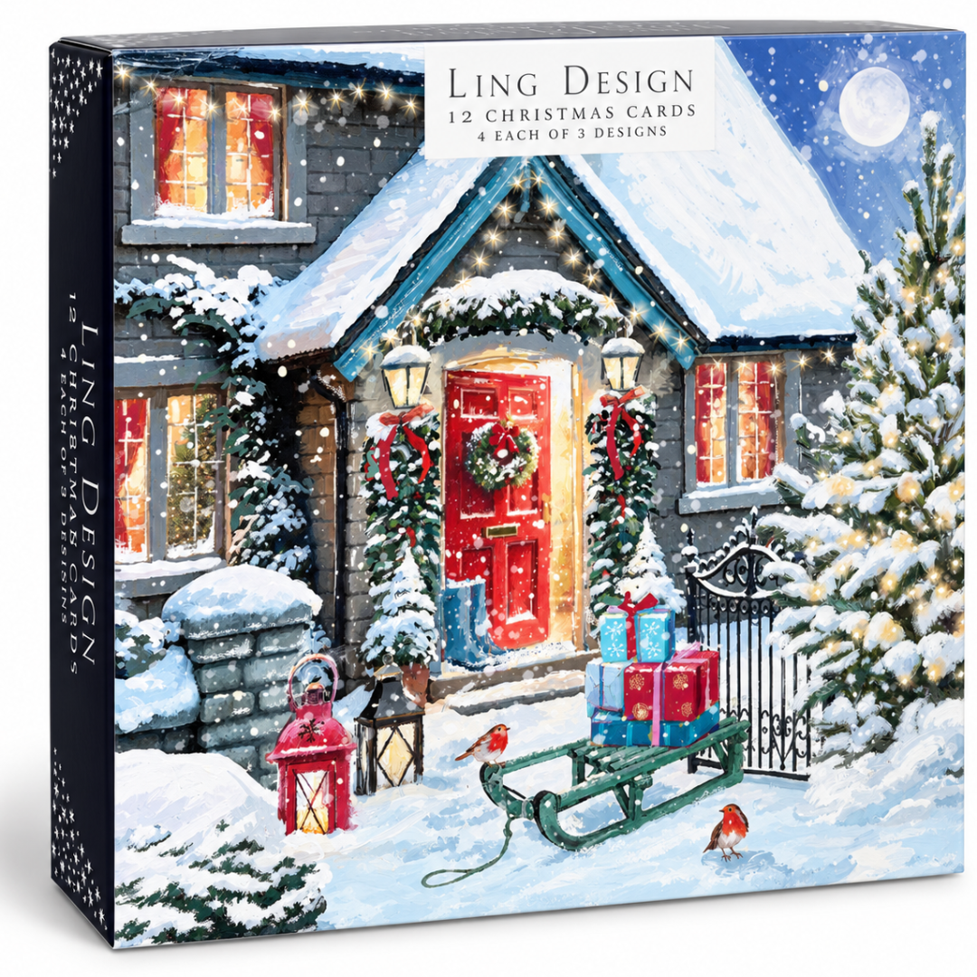 Home for Xmas Festive Art Deluxe Christmas & New Year Cards Box Set, 12 Pack, 3 Designs