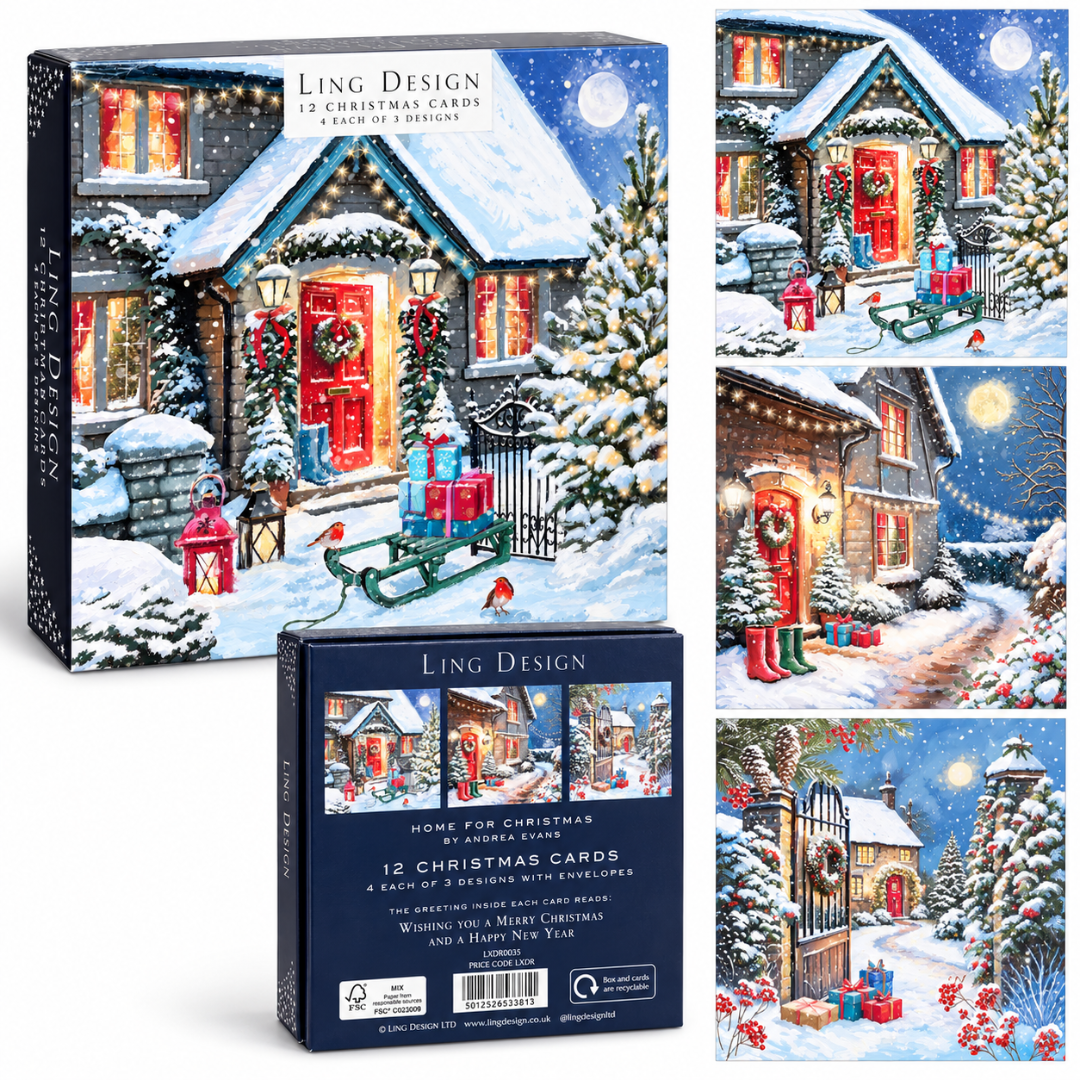 Home for Xmas Festive Art Deluxe Christmas & New Year Cards Box Set, 12 Pack, 3 Designs