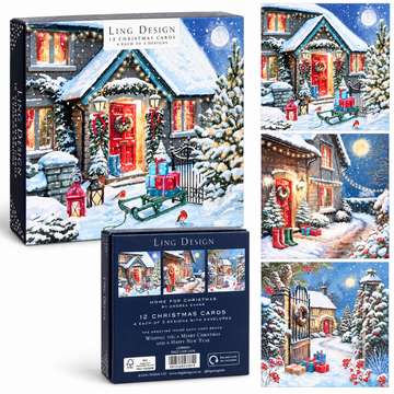 Home for Xmas Festive Art Deluxe Christmas & New Year Cards Box Set, 12 Pack, 3 Designs