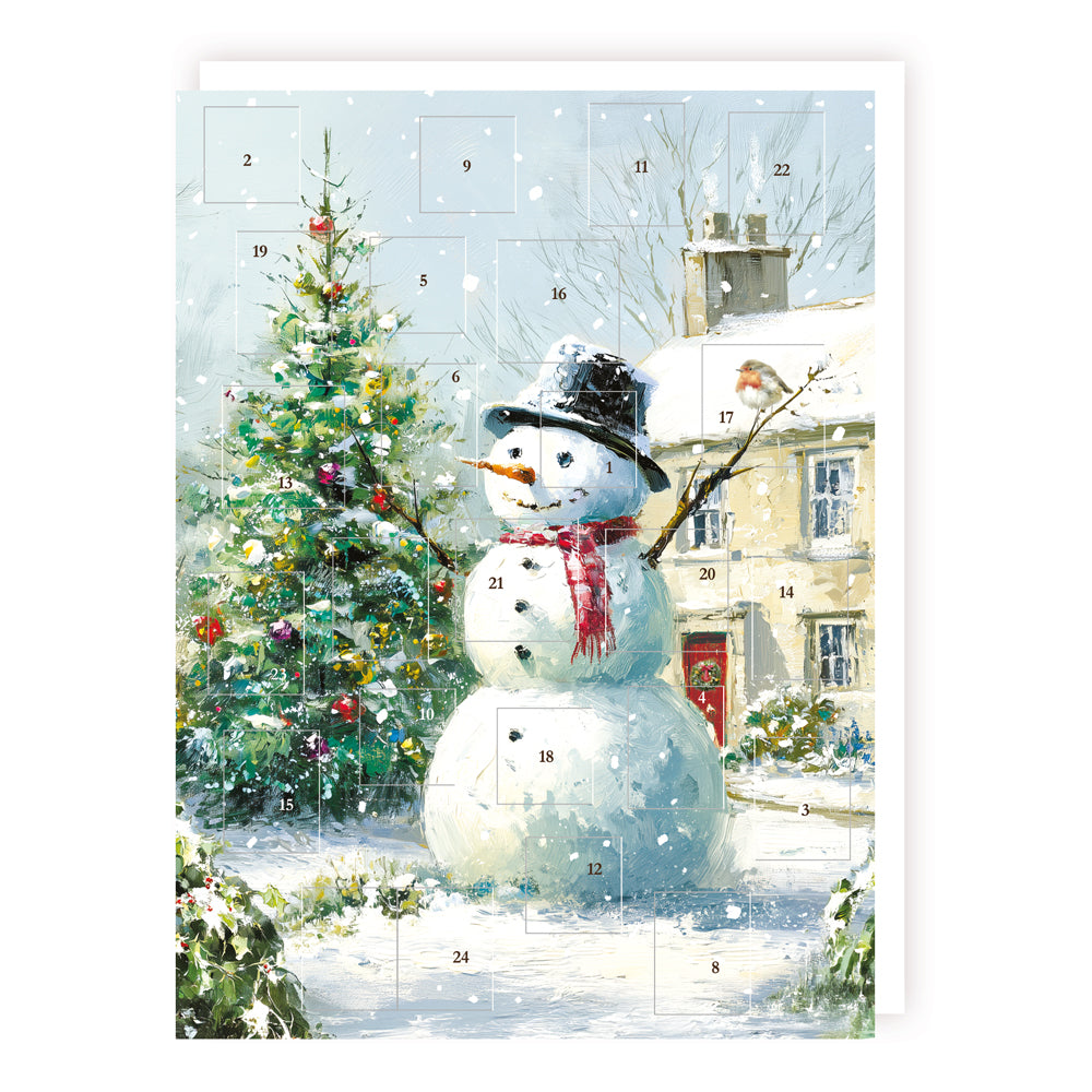Festive Xmas 24 Door Advent Calendar ? Snowy Scene with Snowman & Christmas Tree