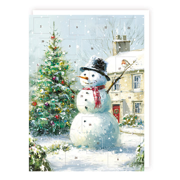 Festive Xmas 24 Door Advent Calendar ? Snowy Scene with Snowman & Christmas Tree