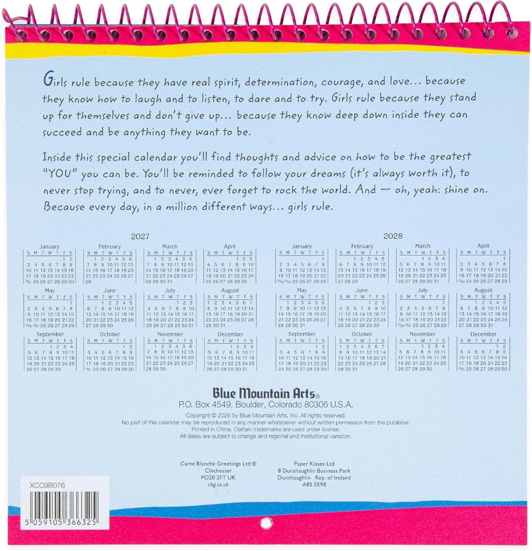 Girls Rule 2027 Hanging Wall Calendar by Ashley Rice, Blue Mountain Arts, Fun Confidence Building, 19.6 x 19.6 cm