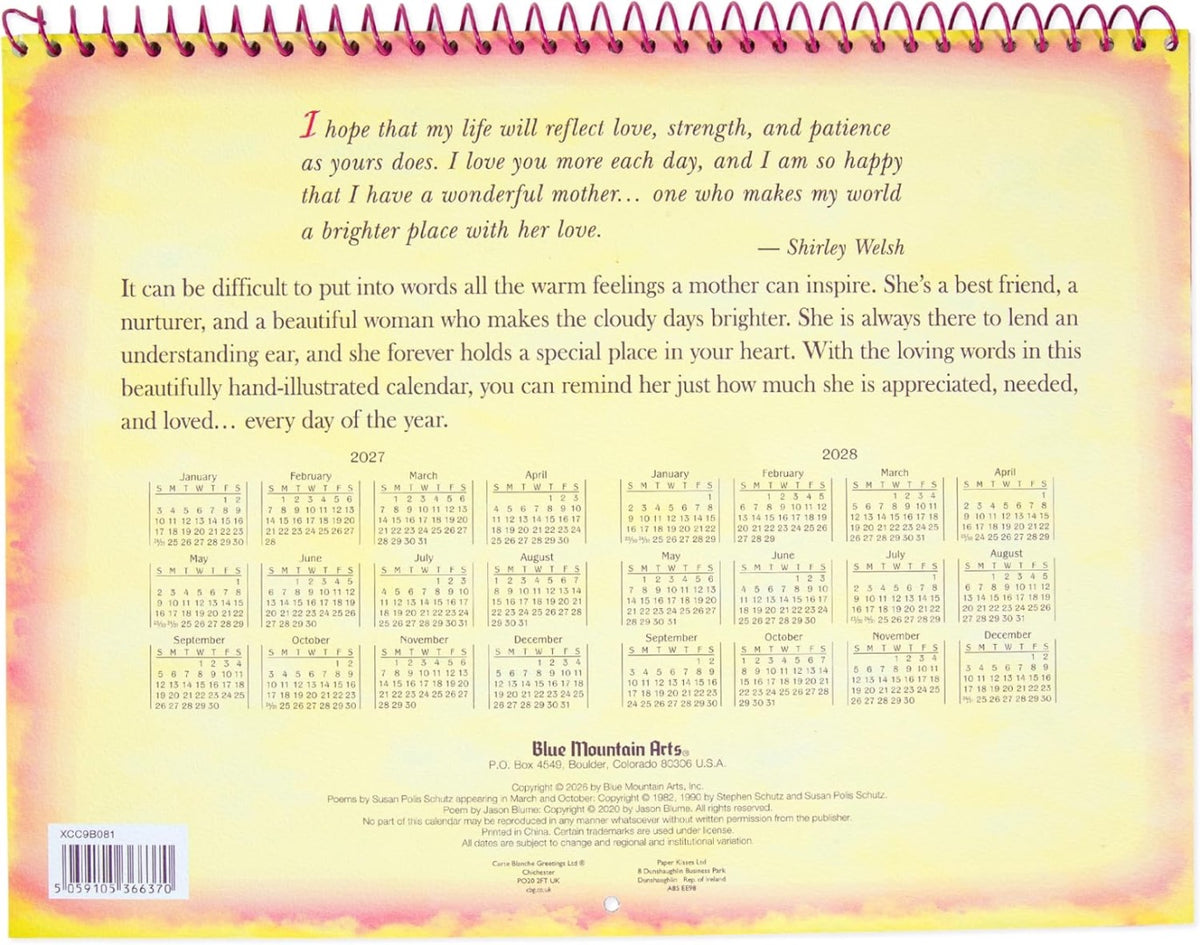 Blue Mountain Arts I Love You Mum 2027 Large Hanging Wall Calendar, 30.5 x 23cm