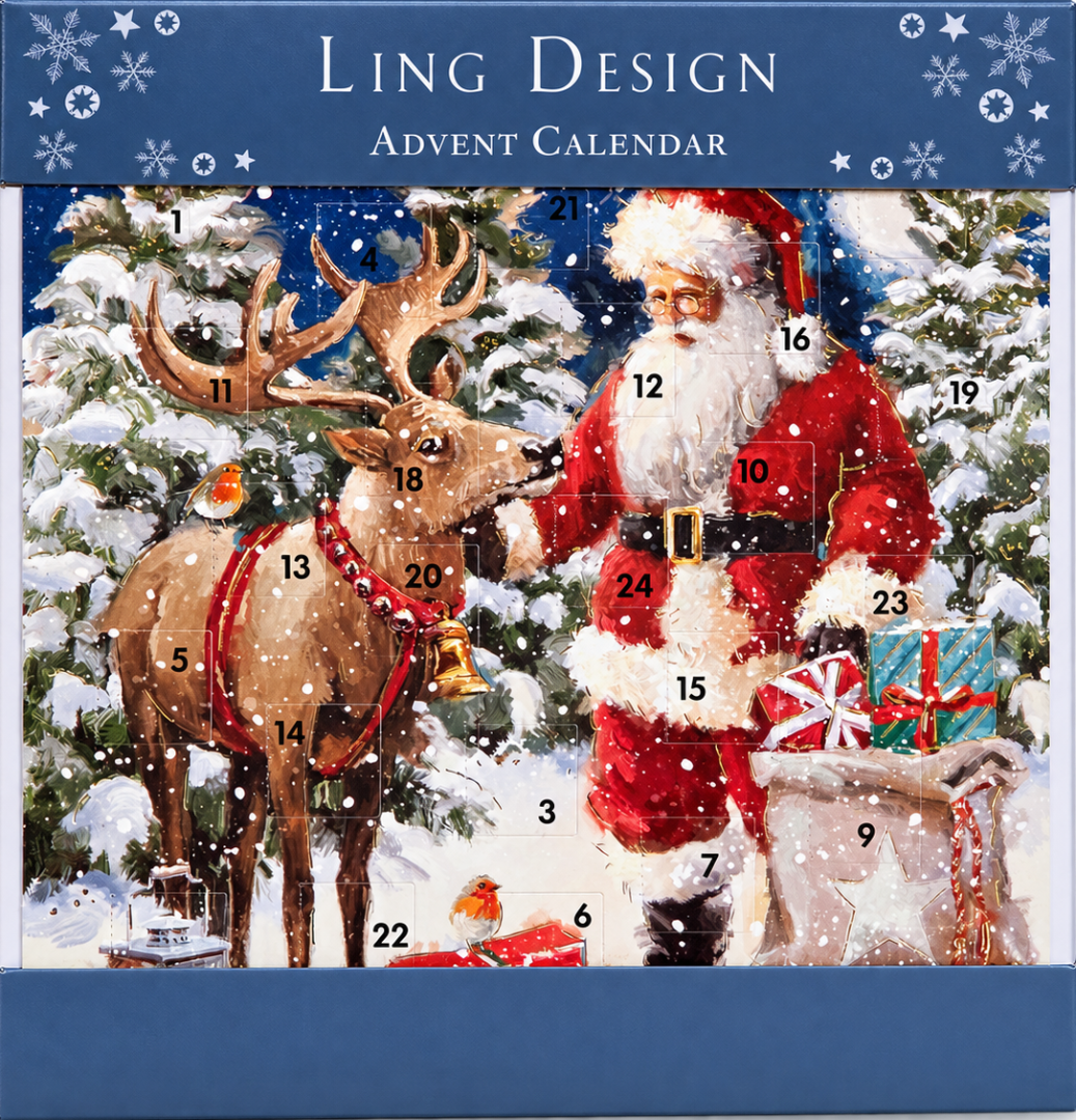 Getting Ready for Christmas Santa and Reindeer Advent Calendar, Square 24 Door Traditional Card with Envelope - Ling Design