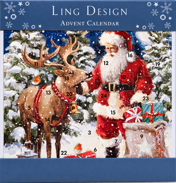Getting Ready for Christmas Santa and Reindeer Advent Calendar, Square 24 Door Traditional Card with Envelope - Ling Design