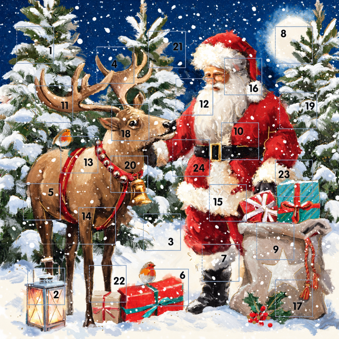 Getting Ready for Christmas Santa and Reindeer Advent Calendar, Square 24 Door Traditional Card with Envelope - Ling Design