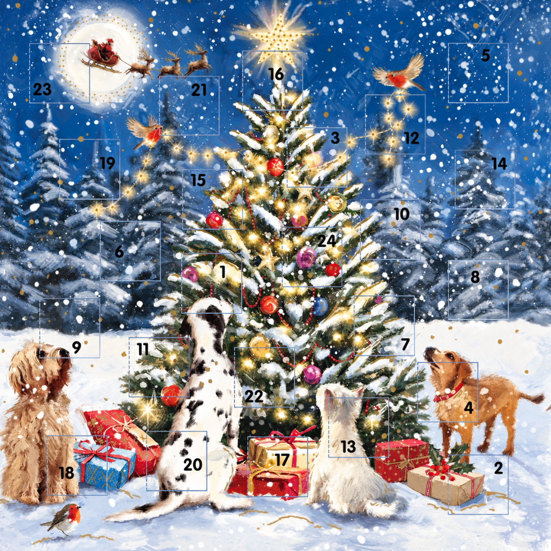 Around the Tree Dogs Advent Calendar, Square 24 Door Traditional Card with Envelope - Ling Design