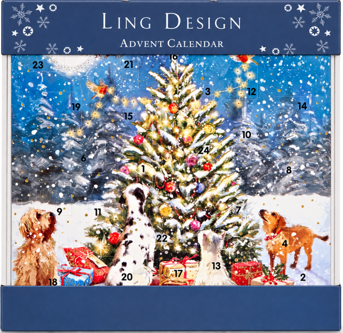Around the Tree Dogs Advent Calendar, Square 24 Door Traditional Card with Envelope - Ling Design