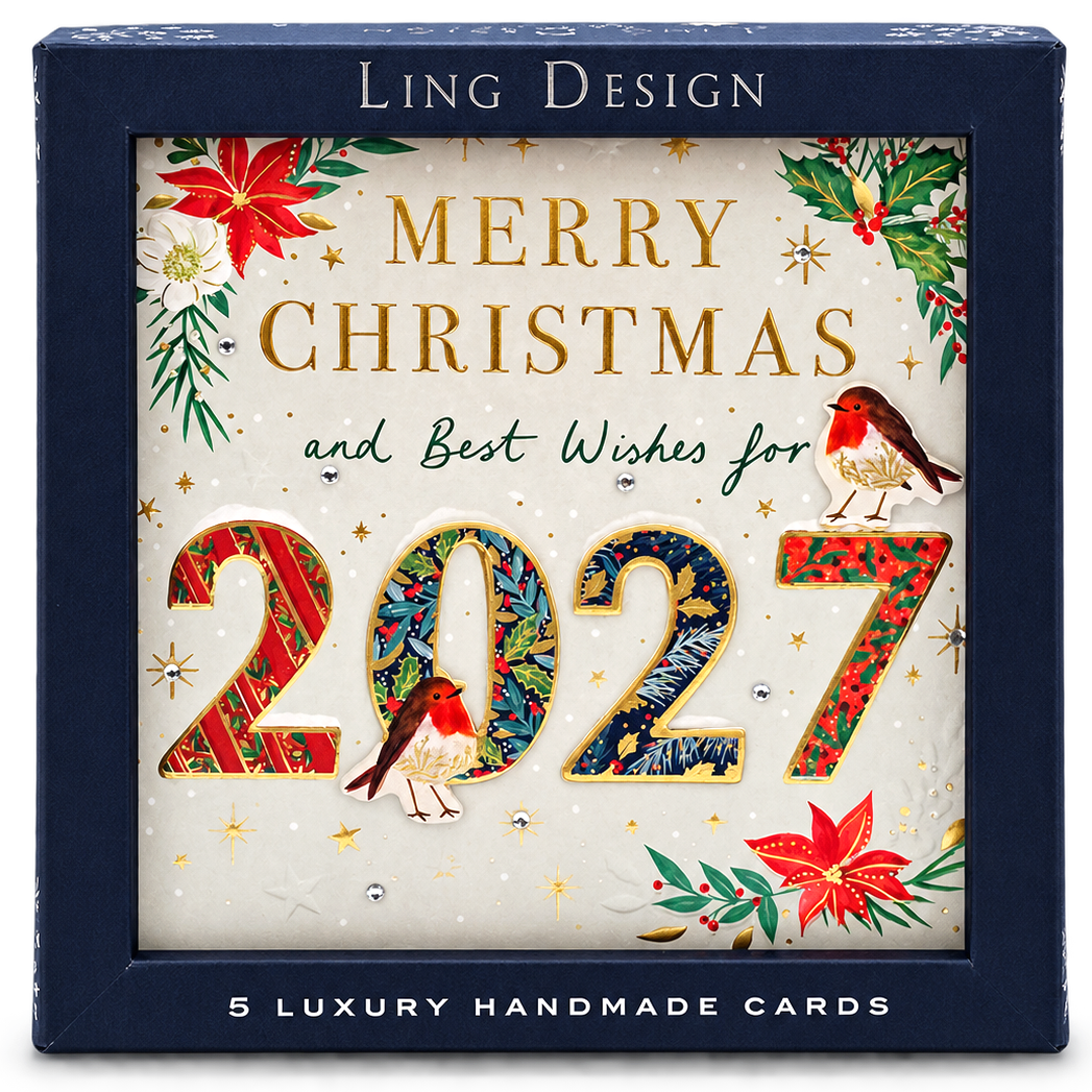 2027 Ling Design Box of 5 Handmade Luxury Embellished Christmas Cards - Gold Foil Embossed - Raised Cut-Out - 160 x 160mm