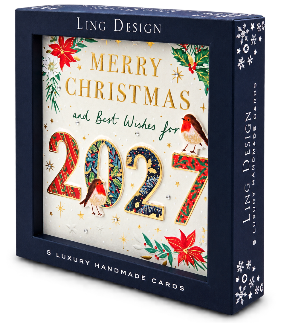 2027 Ling Design Box of 5 Handmade Luxury Embellished Christmas Cards - Gold Foil Embossed - Raised Cut-Out - 160 x 160mm