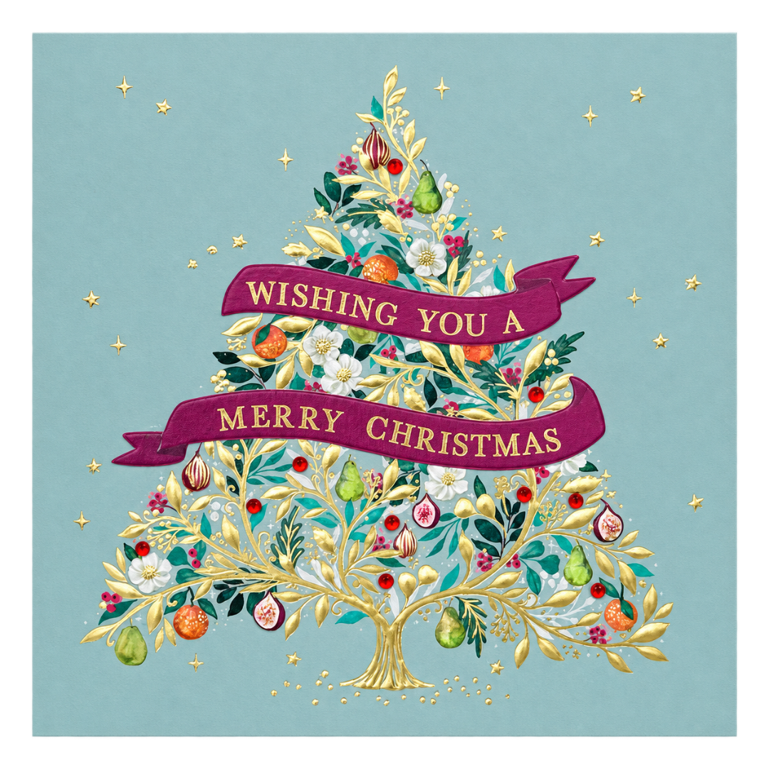 Ornate Tree Handmade Christmas Cards Set of 5 ? Foil Embossed, Embellished Raised Cut-Out Greeting Cards