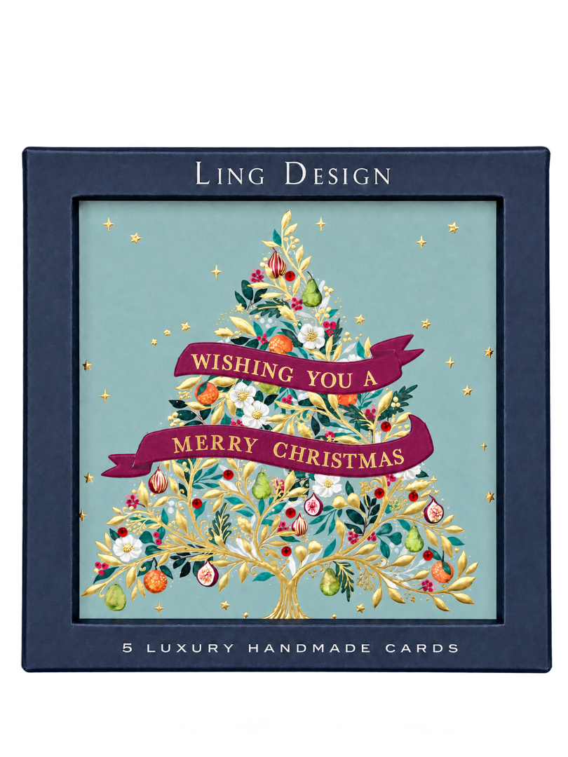Ornate Tree Handmade Christmas Cards Set of 5 ? Foil Embossed, Embellished Raised Cut-Out Greeting Cards