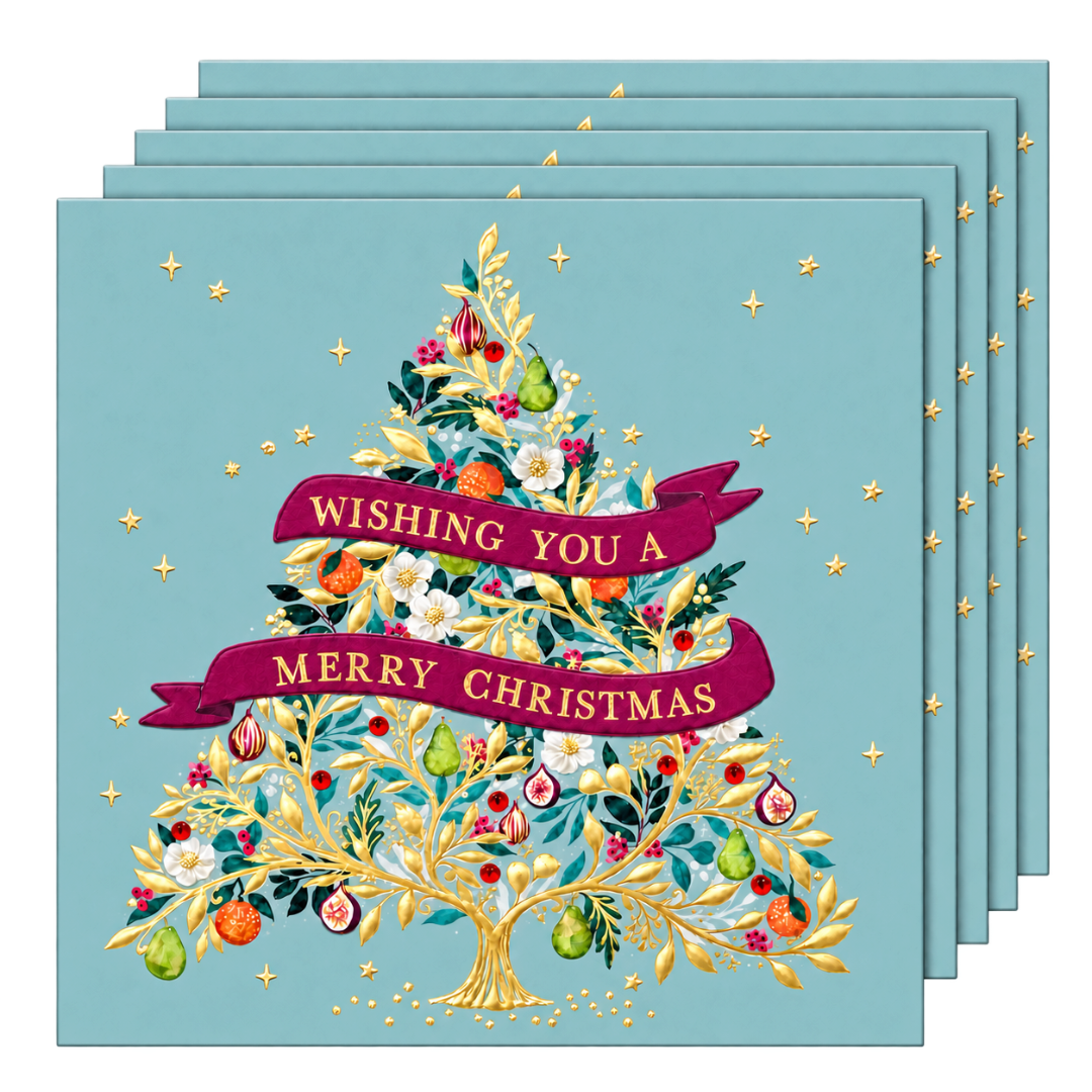 Ornate Tree Handmade Christmas Cards Set of 5 ? Foil Embossed, Embellished Raised Cut-Out Greeting Cards