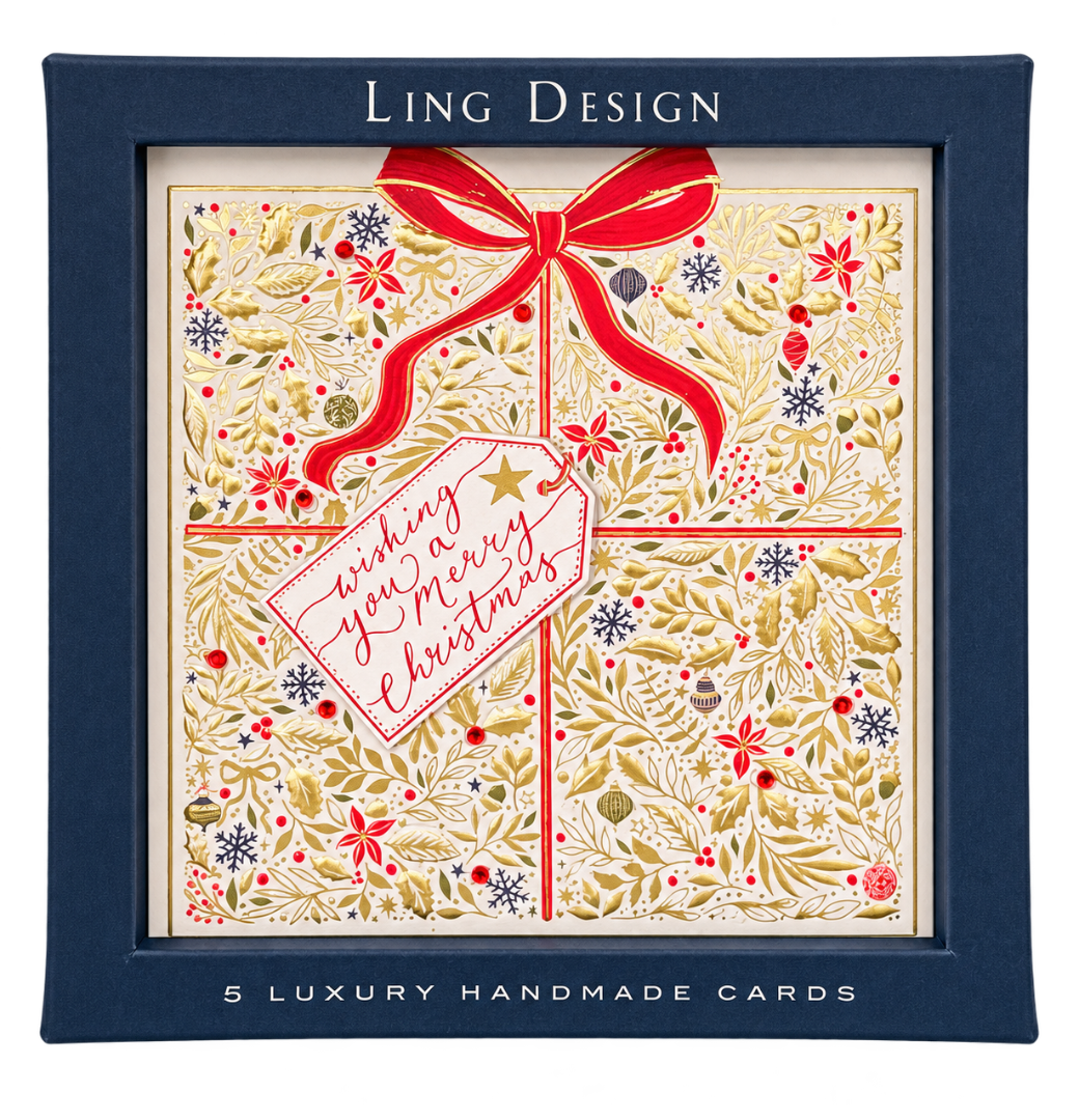 Decorative Present - Luxury Box of 5 Foil Embossed - Embellished Greeting Cards - Raised Cut-Out Ling Design