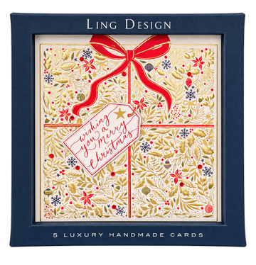 Decorative Present - Luxury Box of 5 Foil Embossed - Embellished Greeting Cards - Raised Cut-Out Ling Design