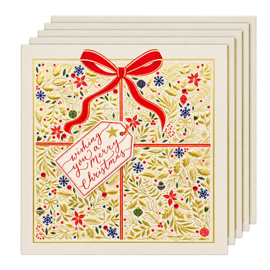 Decorative Present - Luxury Box of 5 Foil Embossed - Embellished Greeting Cards - Raised Cut-Out Ling Design
