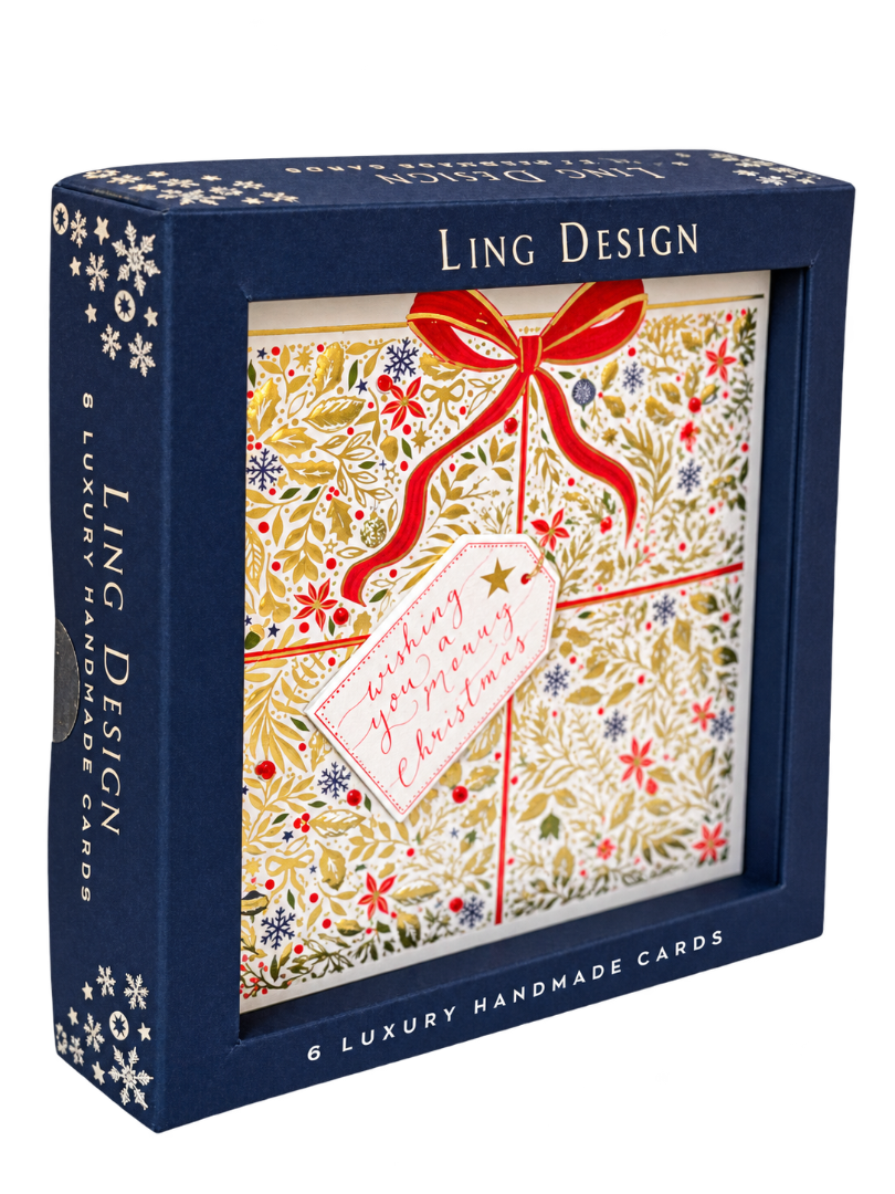 Decorative Present - Luxury Box of 5 Foil Embossed - Embellished Greeting Cards - Raised Cut-Out Ling Design