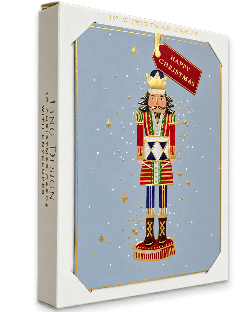 Ling Design Festive Nutcracker Luxury Gold Embossed Christmas Cards Pack of 10, 13 x 10cm, Award-Winning Design Range