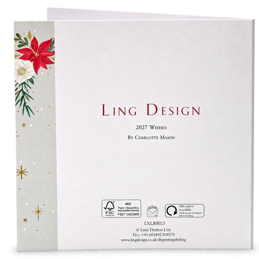 2027 Exquisite Handmade Christmas Card by Ling Design ? Gold Embossed, Embellished & Raised Cut-Out Art