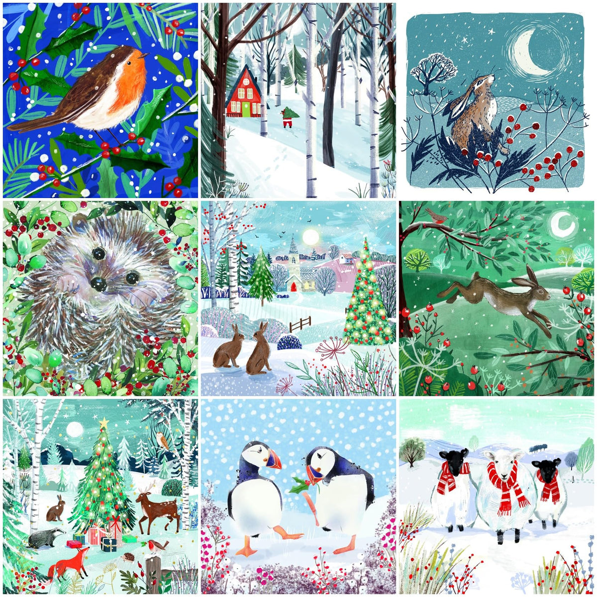 Ling Design Artisan Charity Christmas Cards ? Pack of 6 Square Xmas Cards with Envelopes ? Robins, Hares, Puffins, Hedgehog & Woodland Designs ? 40p Donated to UK Charities