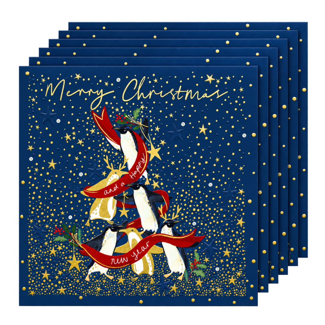 Festive Penguin Stack - Luxury Handmade Christmas Pack of 5 Cards, Gold Embossed, Embellished Raised Cut-Out Design