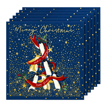 Festive Penguin Stack - Luxury Handmade Christmas Pack of 5 Cards, Gold Embossed, Embellished Raised Cut-Out Design