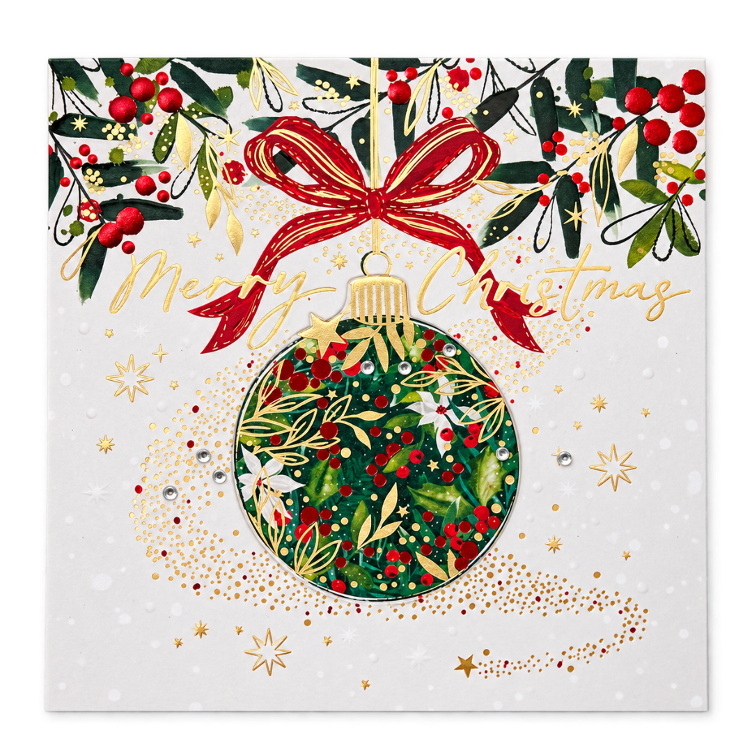 Pretty Bauble Exquisite Handmade Christmas Card with Gold Embossed Raised Cut-Out Design