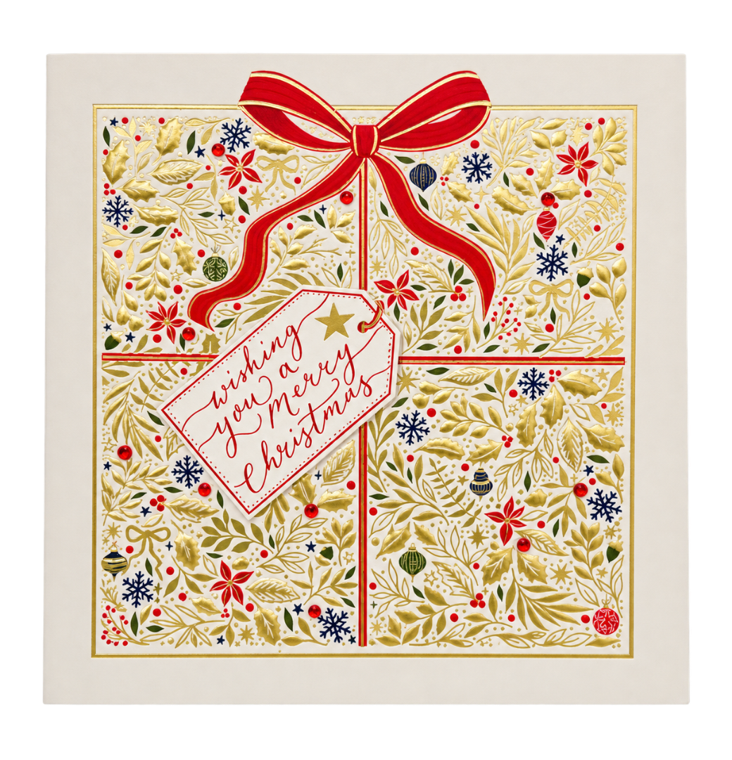Decorative Present - Exquisite Handmade Christmas Card - Gold Embossed - Embellished - Raised Cut-Out Art