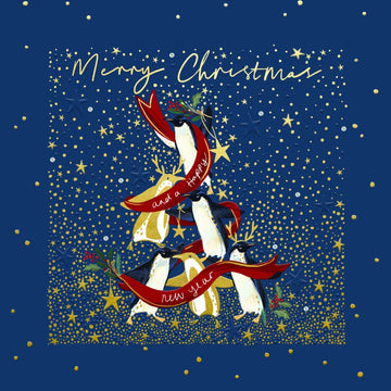 Penguin Stack - Exquisite Handmade Christmas Card - Gold Embossed - Embellished - Raised Cut-Out Art by Ling Design