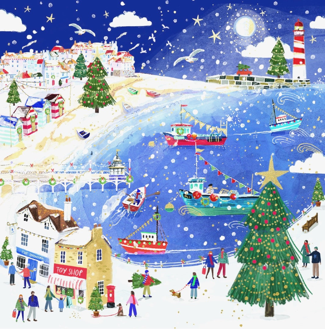 Ling Design Scenic Charity Christmas Cards - Pack of 6 Square Xmas Cards with Envelopes - Snowy Village, Santa Sleigh, Steam Train & Seaside Designs - 40p Donated to UK Charities